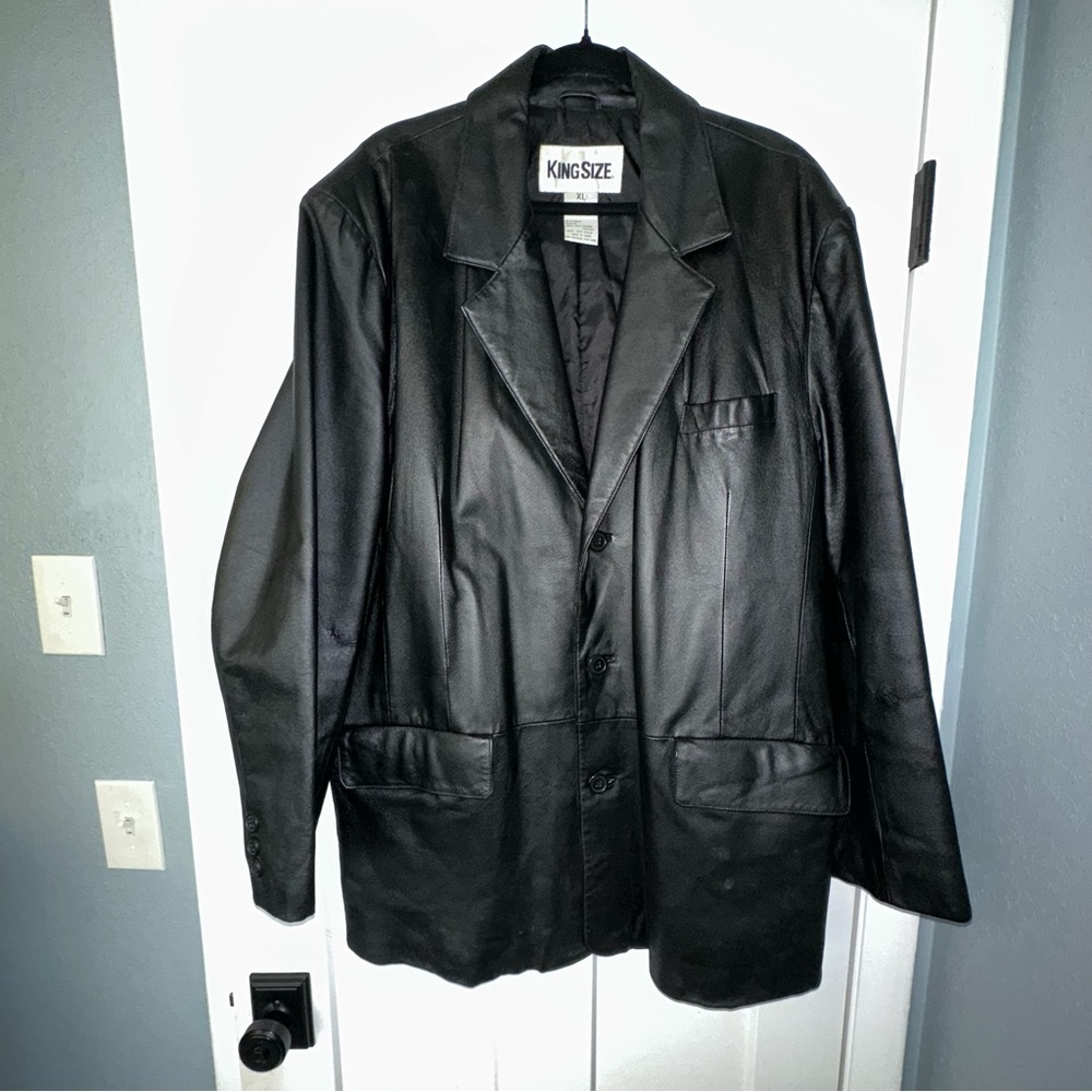King Size Leather Coat with Button Front- Black - XL